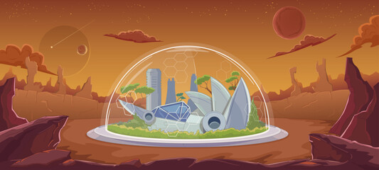 Planet colonization. Protective dome, spaceship station, human settlement, green trees. Terraforming the planet, conquering space. Crater, rocks, gorge. Sci-fi, fantasy. Vector cartoon illustration. © Apoz