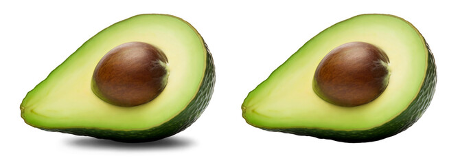 Fresh avocado isolated on transparent background. Half of ripe green avocado fruit clipping path. Closeup photo for your designs, two variations with and without shadow.