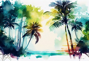 Watercolor seascapes illustration with Palm trees and tropical vibe. Background. Generative Ai..