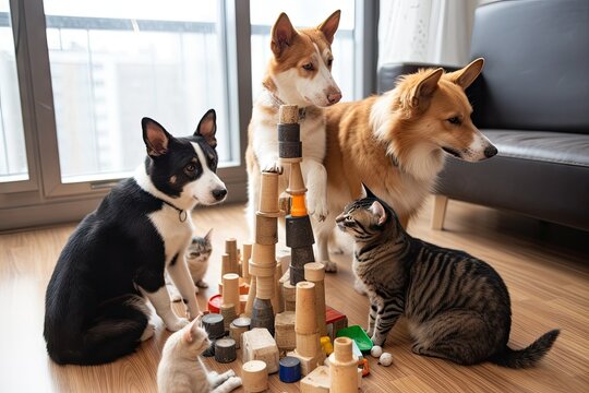 team of cats and dogs building high-rise tower, with materials and tools in view, created with generative ai