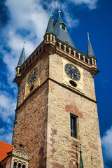 Old Town Hall Tower with clocks in Prague. Czech Republic.