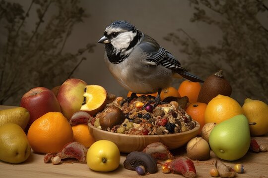 morbidly obese bird, surrounded by bountiful feast of fruits and nuts, created with generative ai