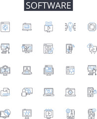 Software line icons collection. Research, Thesis, Writing, Analysis, Literature review, Methodology, Proposal vector and linear illustration. Defense,Results,Data outline signs set