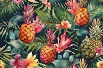 Fototapeta premium Summer tropical floral pattern made with watercolors, perfect for textiles and decoration. Generative ai.