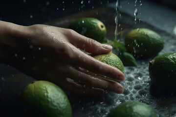 Fototapeta na wymiar Hands of woman washing ripe avocados under faucet in the sink kitchen. made with generative AI