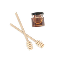 Honey Glass Bottle and Dipper Wooden Spoon Isolated on White Background