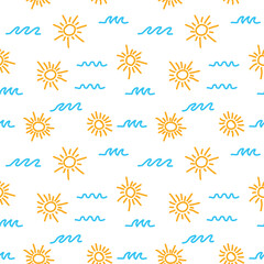 Sun and sea waves doodle seamless pattern	