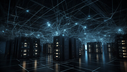 Data center room with glowing led indicators from servers. Bright ambient ceiling lights and glossy metallic floor. For Big data, machine learning, artificial intelligence background. Generative AI