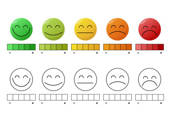 
Emotional scale in the form of emoticons. Scale of emotions from excellent to terrible. Scale in the form of five human emotions colored and black and white. The emotional state of a person. Emotion 