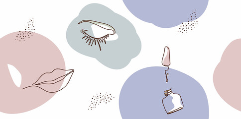 Elegant one-line seamless background of a female abstract face. Drawing eyes, lips in a minimalist style. Fashionable illustration for print,  cosmetics, postcards, banners. line of art. beauty 