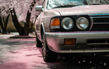 Fototapeta premium A classic car rests on a cherry blossom-covered road, its headlights foggy with the stories of many journeys past.