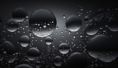 Rain drops with light reflection on dark window surface, abstract wet texture, scattered pattern of pure aqua drops