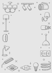 Frame with electric lightings and lamps. Electrical equipment. Industrial or business design.