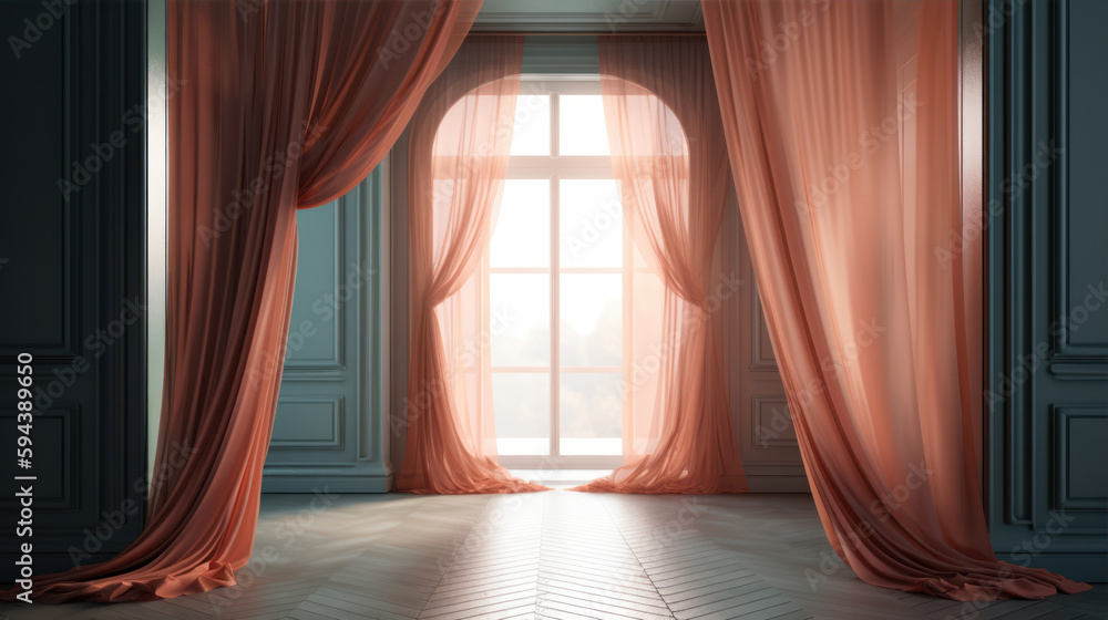 Poster 3d render, abstract background with breezeway and october mist color silk drapery generative ai