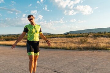 A triathlete resting after a hard morning's run. Training preparation for the upcoming marathon