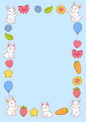 Frame with cute kawaii little bunnies. Funny characters and decorations in cartoon style.