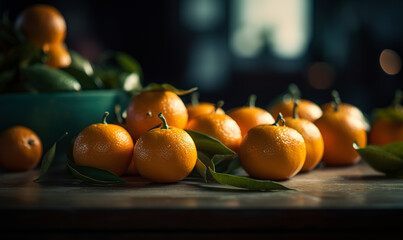 Fresh juicy orange tangerines and green leaves from a tree. Picked fruit on the wooden table close up. Blurred backdrop. Generative AI.