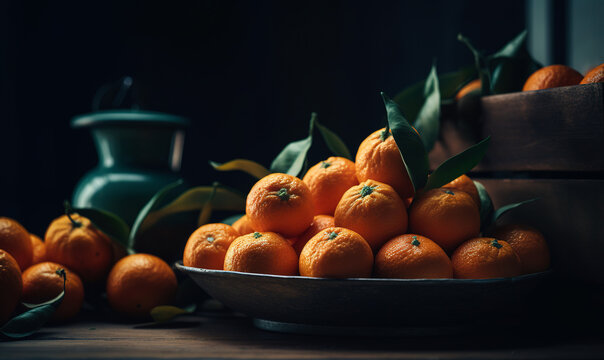 Big dish and wooden crate filled with ripe tangerines. Jug and some fruit on the table. Black backdrop. Generative AI.
