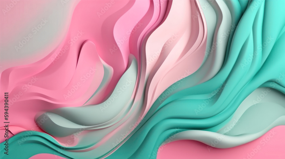 Poster 3d rendering, abstract background with wavy liquid shapes abstract tiffany color and pink color pain