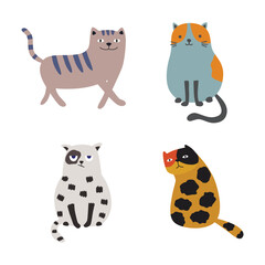 Cute and funny cats doodle vector set. Cartoon cat or kitten characters design collection with flat color in different poses.