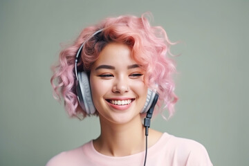 Carefree asian woman with light pink hair listens song in headphones. World music day. Generative AI illustration