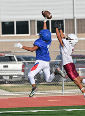 Young athletic young boys playing in a competitive game of tackle football and making incredible game winning plays