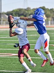 Young athletic young boys playing in a competitive game of tackle football and making incredible game winning plays