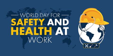 Globe wearing a safety helmet and stethoscope, construction labour tools, a concept for world day for Safety and Health at Work vector illustration design