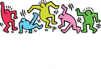 Doodles keith haring inspired pattern illustration with dancing colored people. Modern art and streetstyle art pattern. - obrazy, fototapety, plakaty