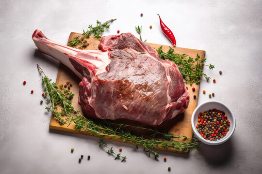 Raw fresh Lamb Meat shank and seasonings on gray concrete background. Generative AI illustration