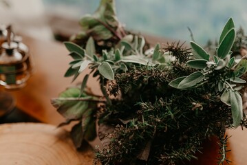 Closeup of floral decorations and bouquets on the table for a wedding celebration