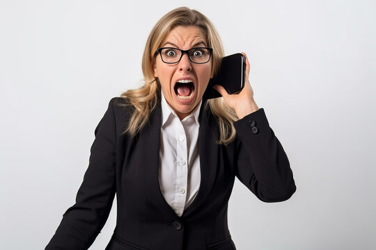 Angry young business woman holding mobile phone and shouting over white background. Generative AI