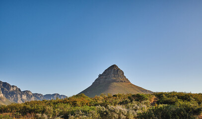 Fototapeta premium Landscape view of Lions Head in Cape Town, South Africa during a day. Beautiful mountains against a blue sky with copyspace. Travelling and exploring mother nature through hiking adventures in summer