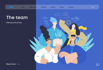 Memphis business illustration - our team, header. Flat style modern outlined vector concept illustration. Group of people, creaw, standing together. Corporate teamwork business metaphor.
