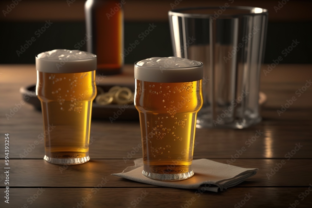 Aufkleber placement of a pint glass and two cups of beer on a table in front of the camera generative ai