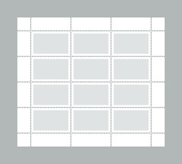 Template for collector post stamps. Set of empty sale coupons with perforated borders. The collection paper postmarks, postal stickers for mail letters in a postage stamps set. Vector illustration.