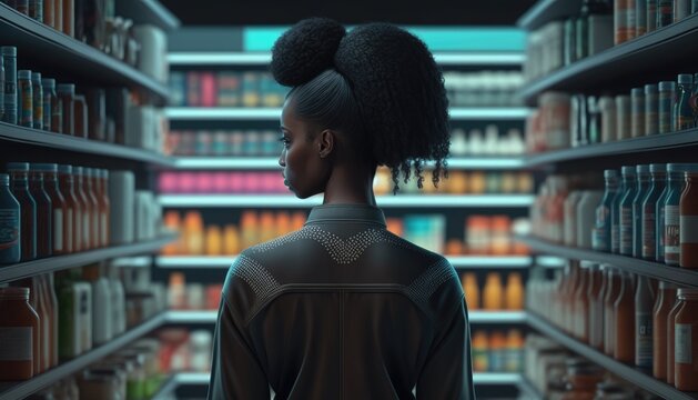 Pharmacy, black woman and pills stock of customer shopping for medicine, wellness cream or product. Female back, shop, drugs with person looking for health, medical and shelf products. Generative AI