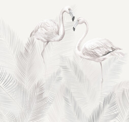 flamingos with palm branches - obrazy, fototapety, plakaty