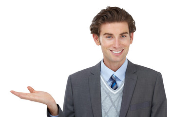 Hands, portrait and happy business man with offer on isolated, transparent and png background. Hand, gesture and face of male employee smile with deal presentation, promotion or choice gesture