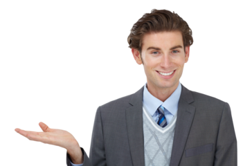 Hands, portrait and happy business man with offer on isolated, transparent and png background. Hand, gesture and face of male employee smile with deal presentation, promotion or choice gesture