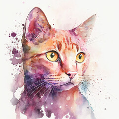 A watercolor painting of a pink cat with yellow eyes. Generative AI