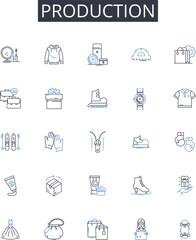 Production line icons collection. Creation, Development, Fabrication, Manufacture, Generation, Construction, Assembly vector and linear illustration. Crafting,Formation,Building outline signs set