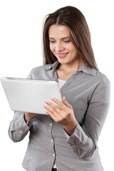 Young cute woman using digital tablet isolated on white background