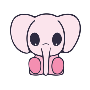 Cute kawaii pink elephant baby character illustration, vector die-cut sticker.