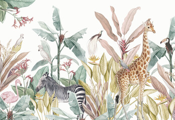 Fototapeta set of animals 
jungle, tropics, baby wallpaper, giraffe, zebra, tropical plants, palm trees, birds, flamingos obraz