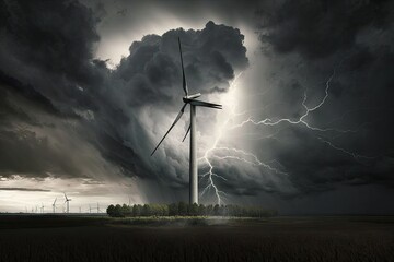 Fototapeta wind turbine in a stormy sky, with lightning strikes and clouds, created with generative ai obraz