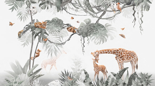 giraffe in the jungle, tropics, children's drawing, wallpaper, fresco