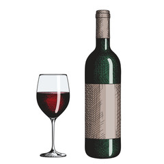 A glass of red wine and a bottle with a label. Vector hand drawn color illustration