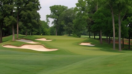 A golf course with rolling greens and sand traps. Generative AI