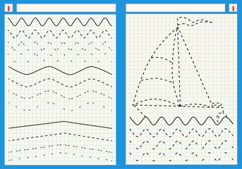 Preschool worksheet for practicing fine motor skills - tracing dashed lines. Tracing Worksheet. Two Illustrations and vector outline - A4 paper ready to print.